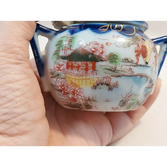 Antique Moriage Japan Porcelain Sugar Bowl w/lid Marked 3" tall Geisha scene - Picture 12 of 12